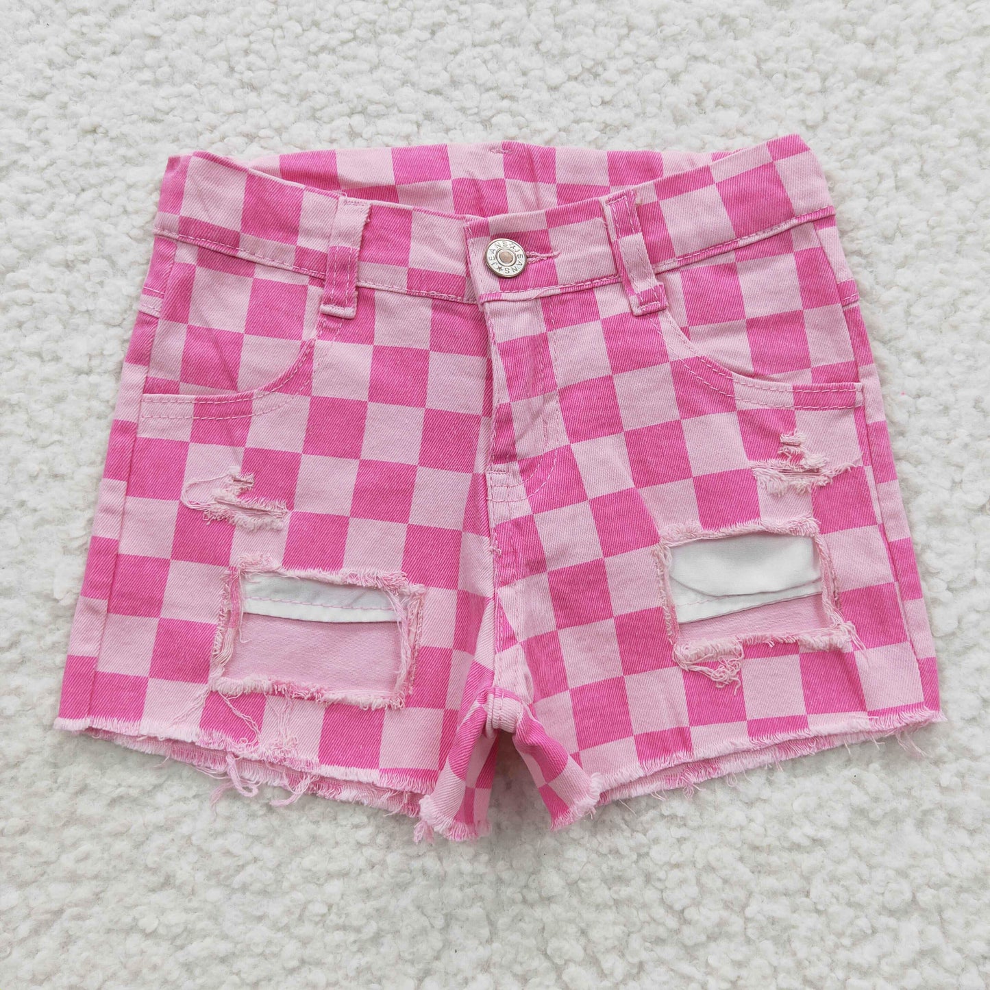 PREORDER - Distressed Pink Checkered Denim Shorts (3/6M - 14/16)