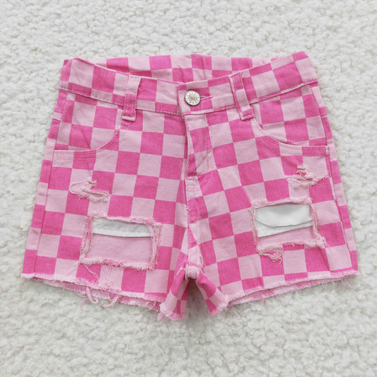 PREORDER - Distressed Pink Checkered Denim Shorts (3/6M - 14/16)