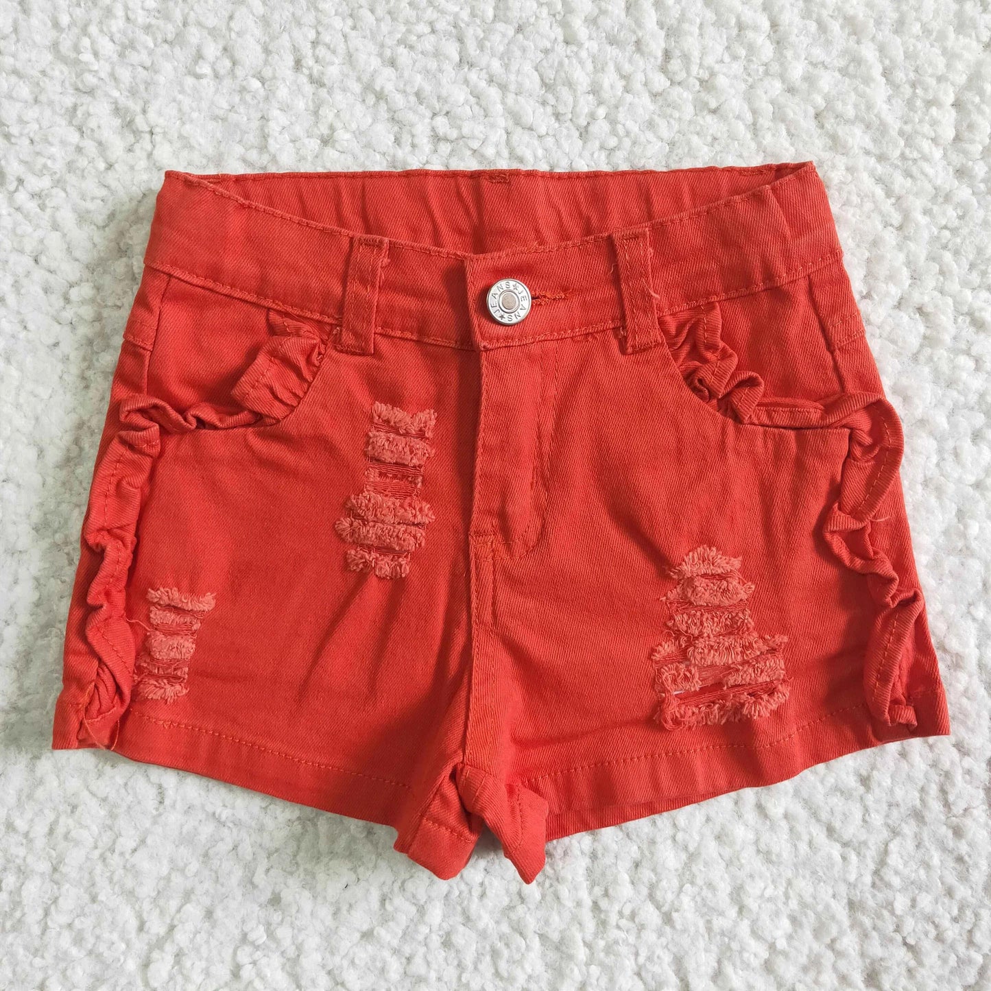 PREORDER - Distressed Red Denim Shorts (3/6M - 14/16)