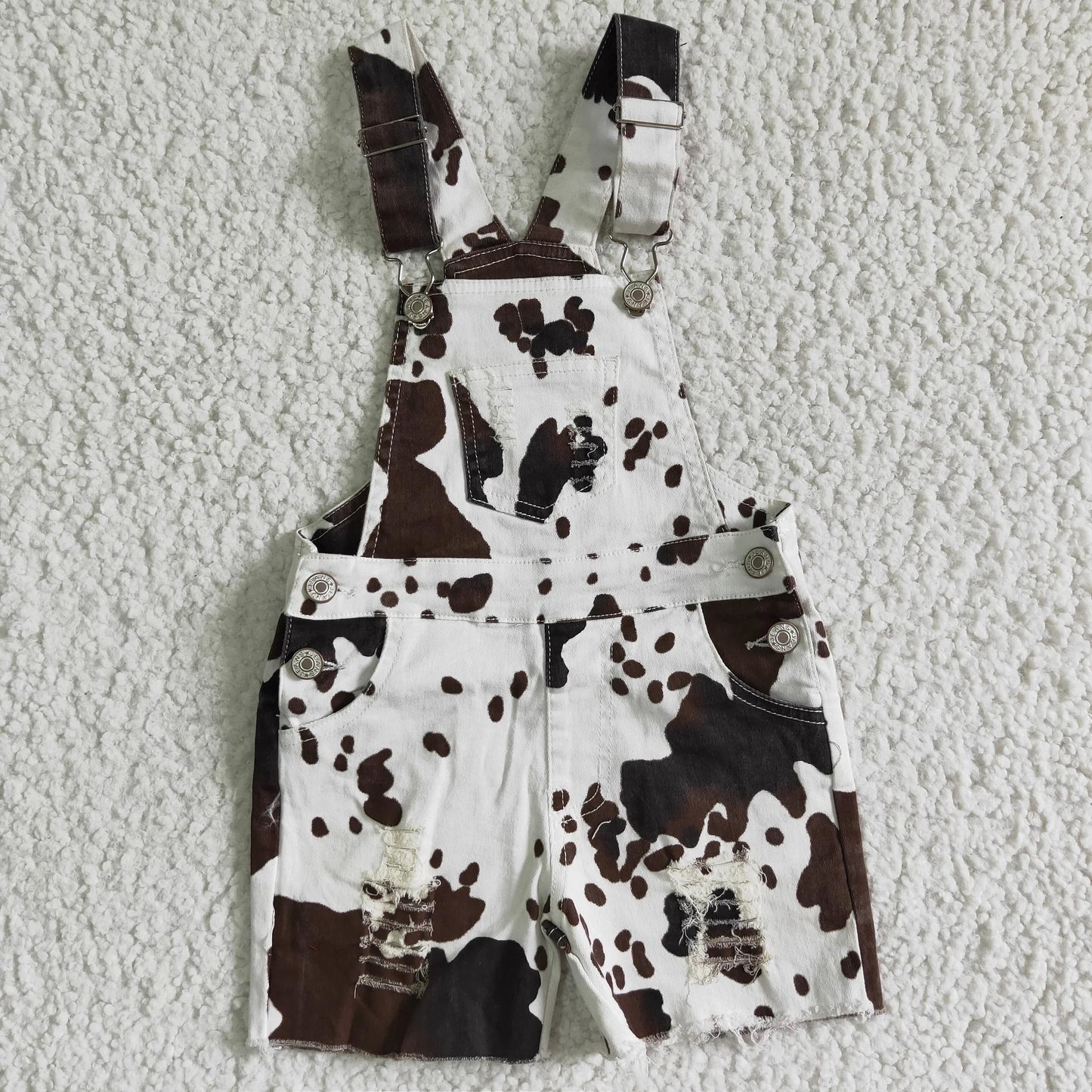 PREORDER - Distressed Brown Cow Overall Shorts (3T - 14/16)