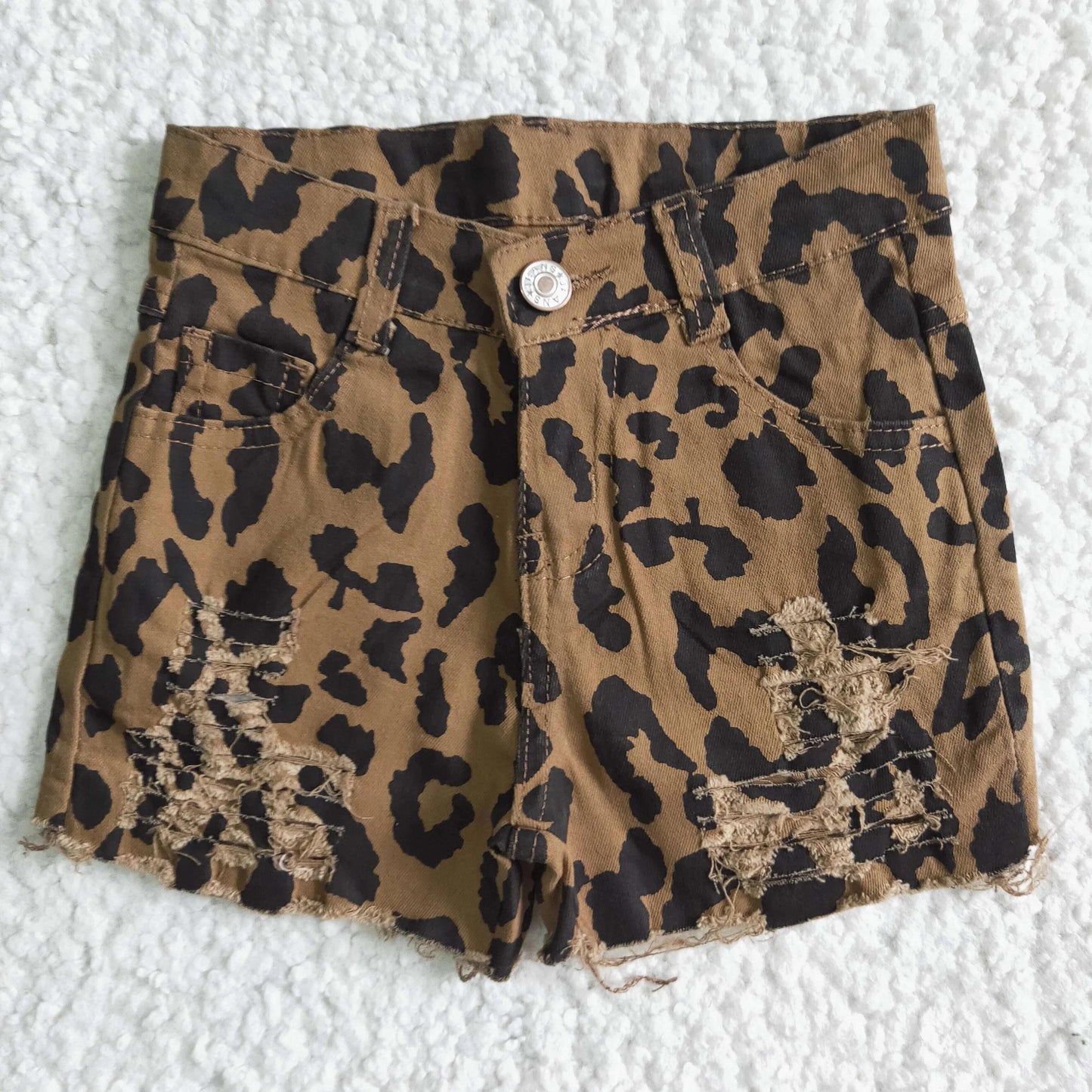 PREORDER - Distressed Cheetah Denim Shorts (3/6M - 14/16)
