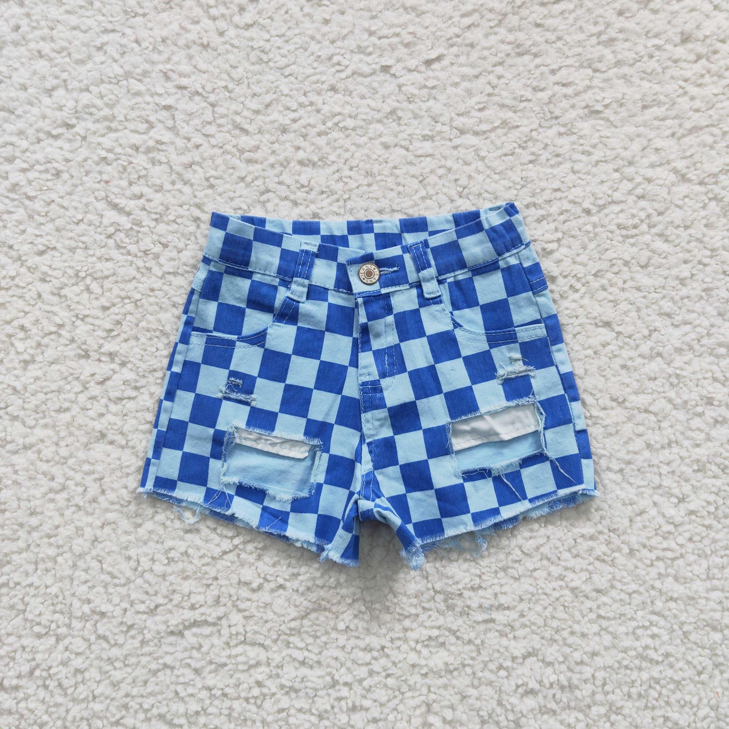 PREORDER - Distressed Blue Checkered Denim Shorts (3/6M - 14/16)