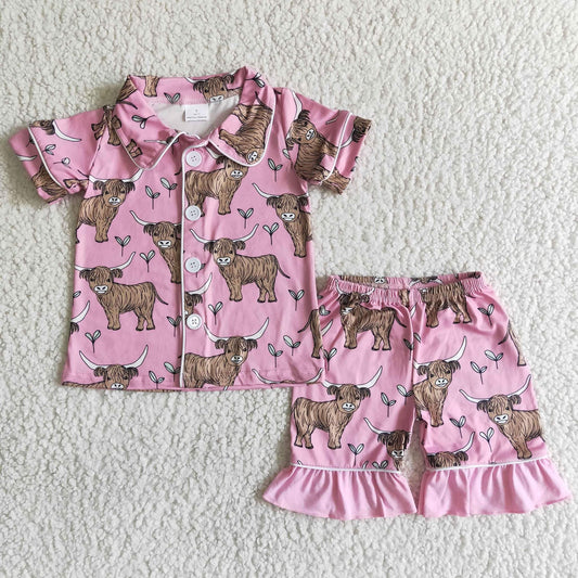 Pink Highland Cow Short Pajamas (3/6M - 14/16)