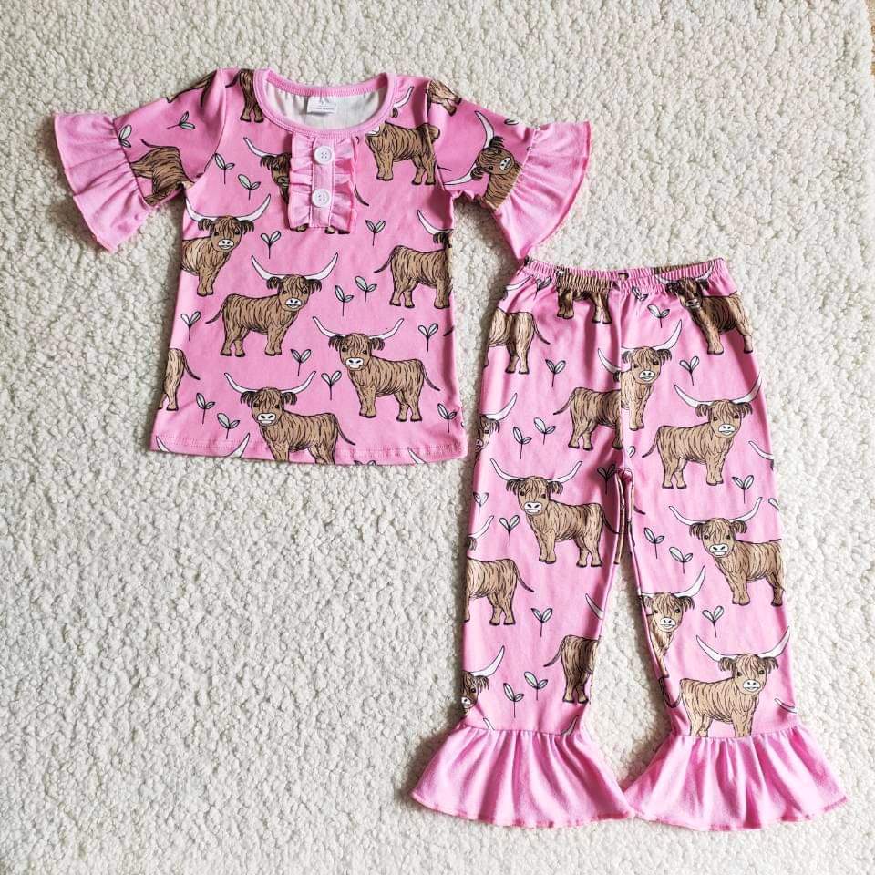 Pink Ruffle Highland Cow SS Pajamas (3/6M - 14/16)